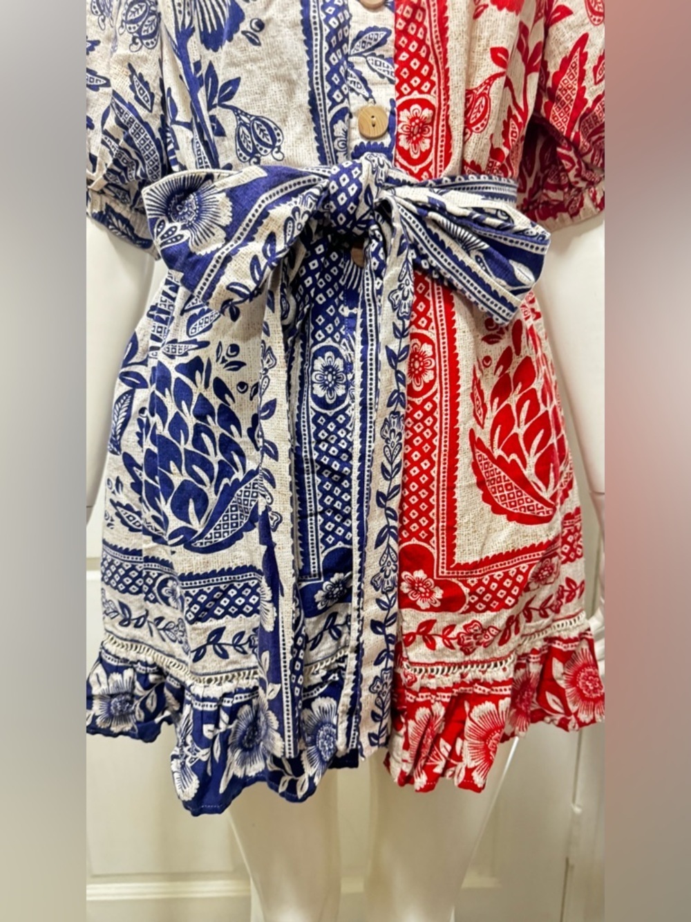 Farm Rio Mixed Pineapple Garden Mini Dress Sz S Red Blue Linen Blend Tie Waist - Picture 6 of 12